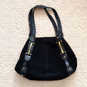 Suede Genuine Leather shoulder bag with braided straps in black - USED